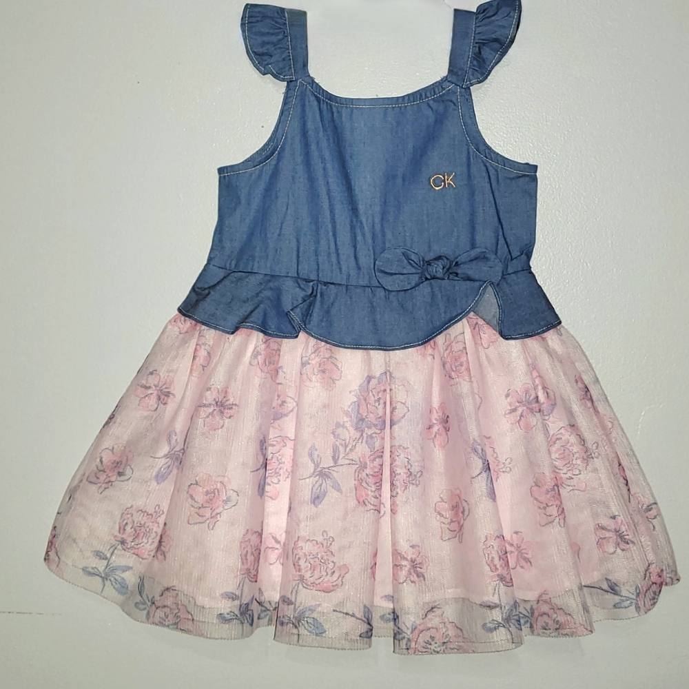 Calvin Klein Girls Denim and Floral Dress for Spring, Easter Dress